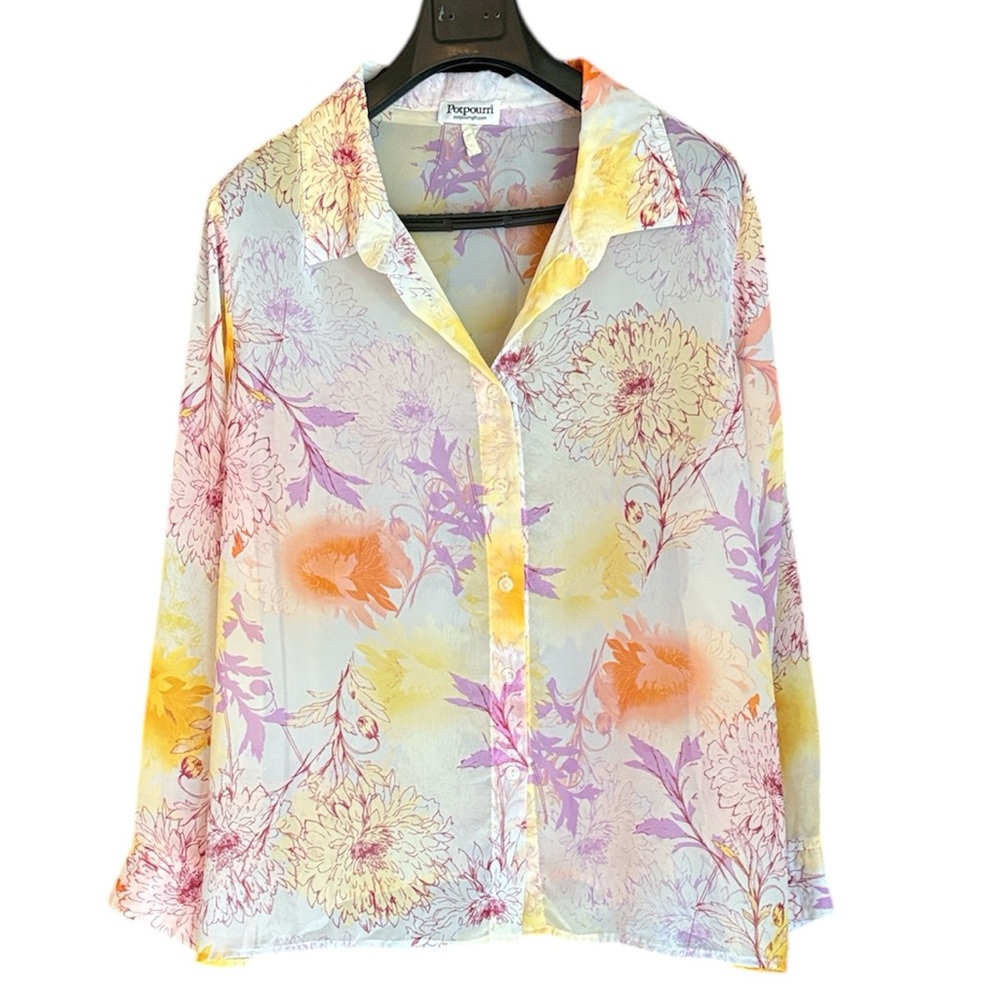 Potpourri Women's Floral Button-Up Multi-Colored Sheer Blouse 2X